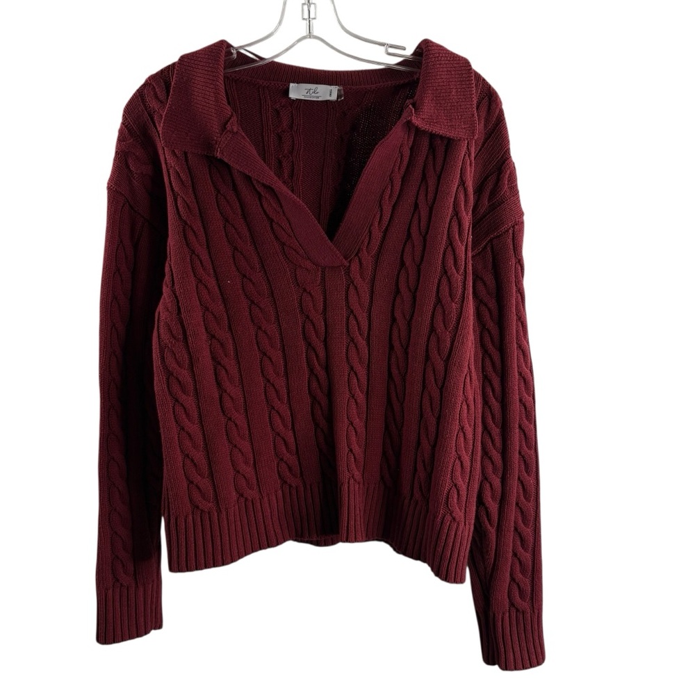 STYLE COLLECTION SMALL DARK RED BURGUNDY MAROON CABLE LONG SLEEVE COLLAR SWEATER